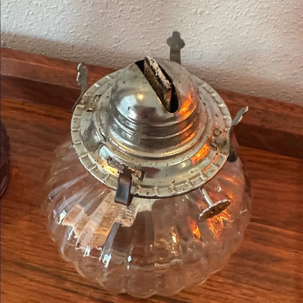 Vintage Glass Oil Lantern Pink/Purple Beaded Swirl Shade and Clear Lamp Design
